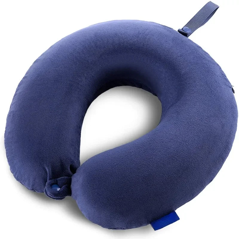Memory Foam Travel Neck Pillow with Snap Strap – Airplane, Car, Office & Home Use