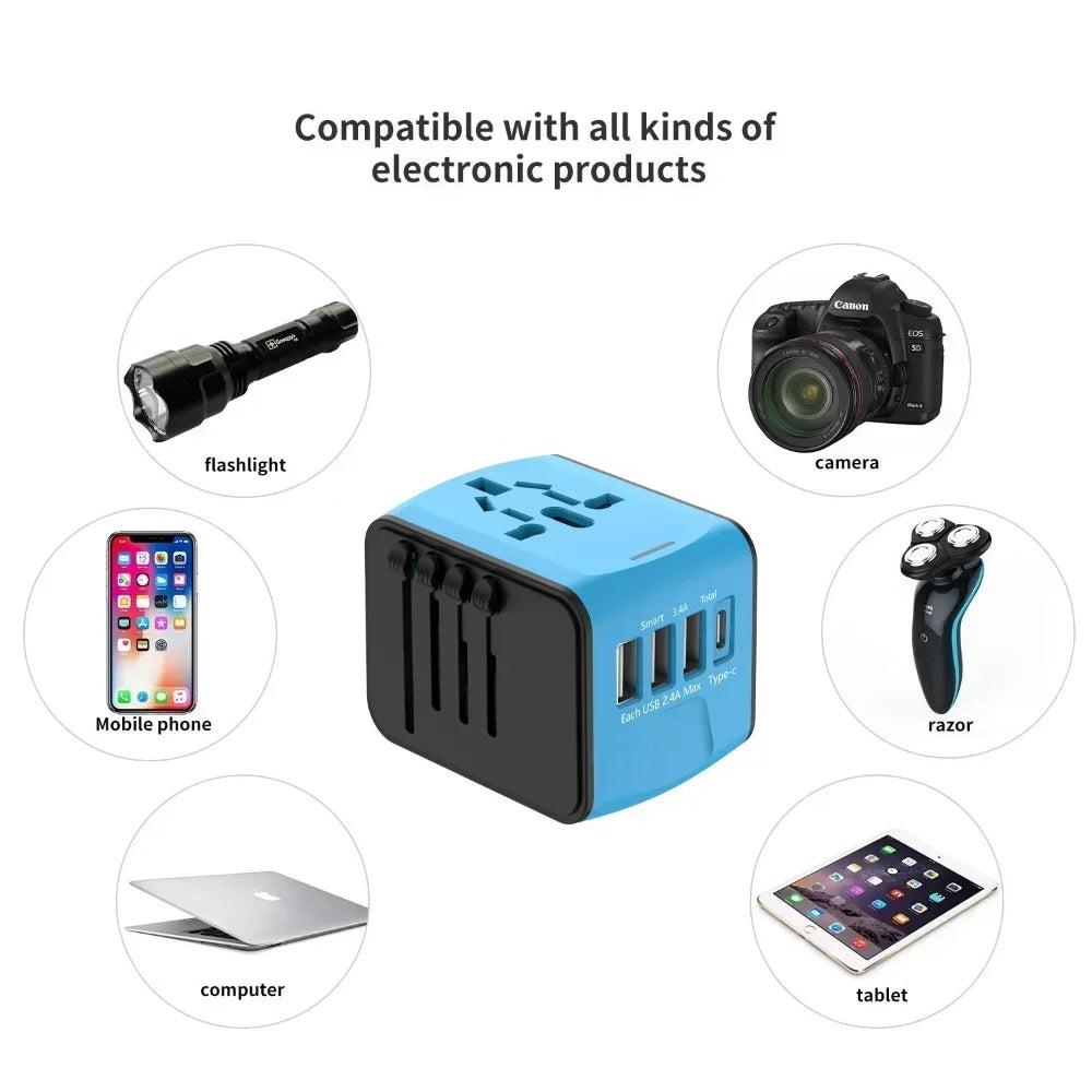 Universal Travel Adapter with Worldwide Plug (US/UK/EU/AU) & 3 USB + Type-C Ports