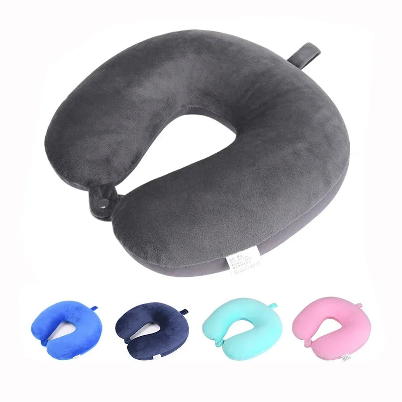 Memory Foam Travel Neck Pillow with Snap Strap – Airplane, Car, Office & Home Use
