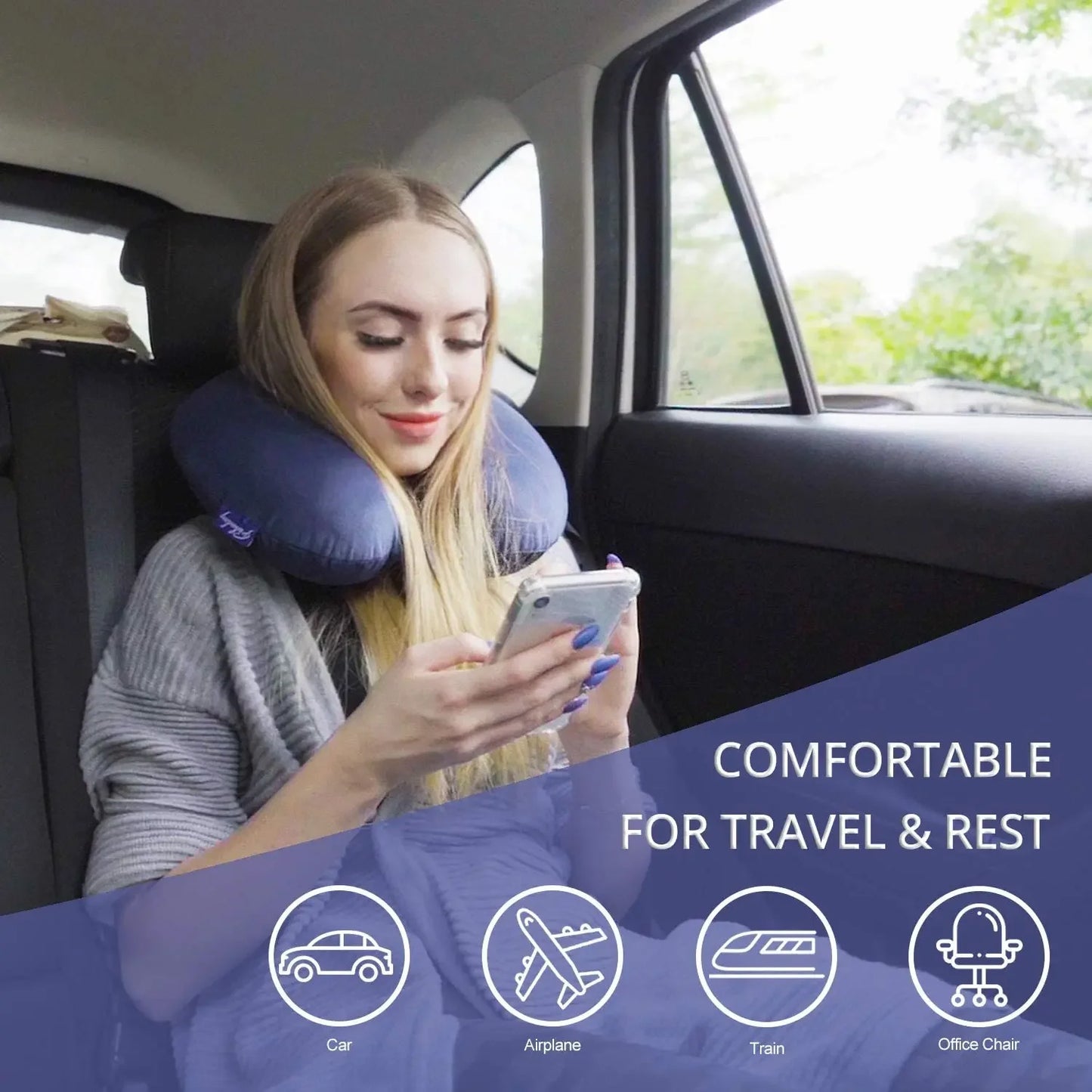 Memory Foam Travel Neck Pillow with Snap Strap – Airplane, Car, Office & Home Use