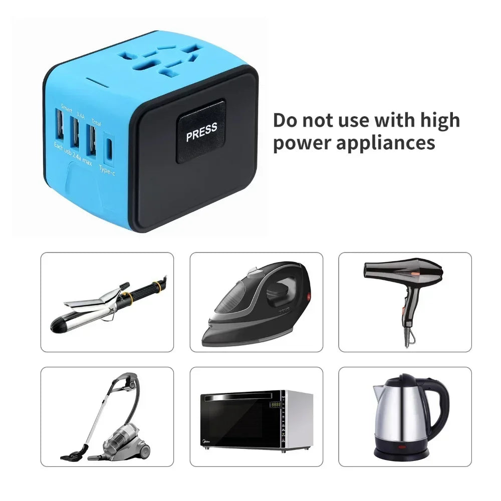 Universal Travel Adapter with Worldwide Plug (US/UK/EU/AU) & 3 USB + Type-C Ports