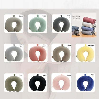 Memory Foam Travel Neck Pillow with Snap Strap – Airplane, Car, Office & Home Use