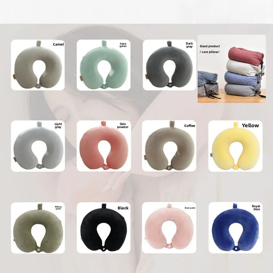 Memory Foam Travel Neck Pillow with Snap Strap – Airplane, Car, Office & Home Use