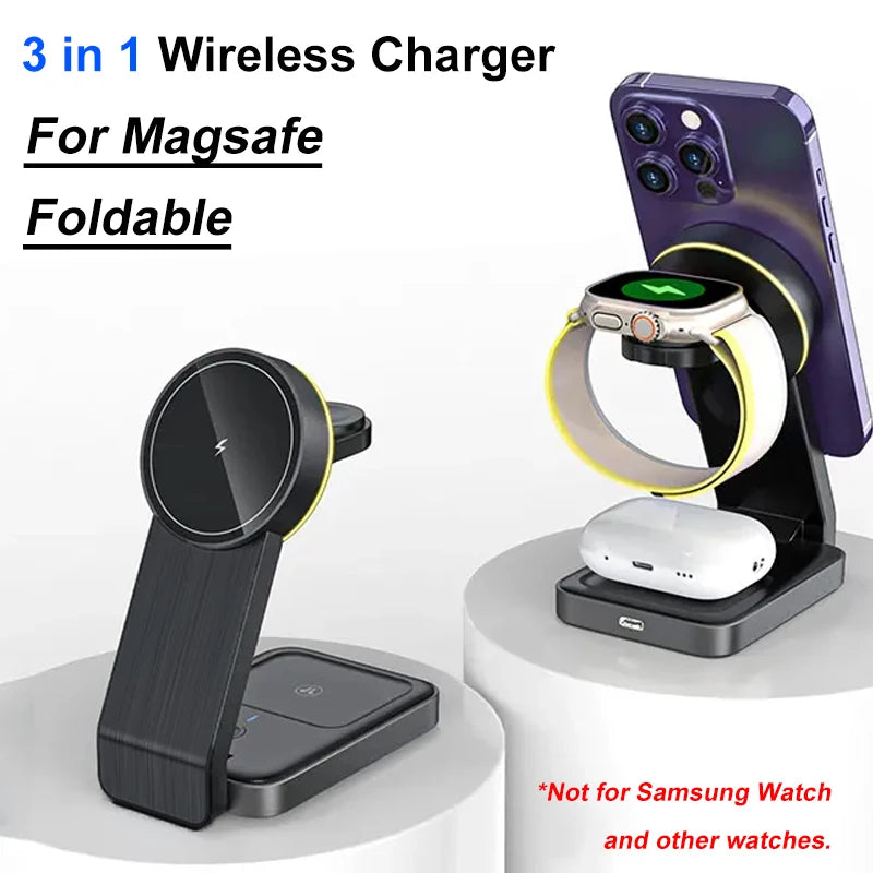 200W 3-in-1 Magnetic Wireless Charger Stand – Fast Charging Station for MagSafe iPhone 16/15/14/13, Apple Watch & AirPods Pro