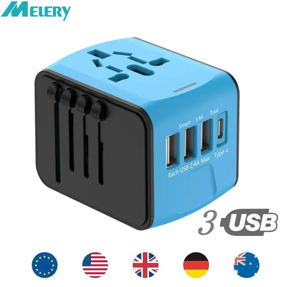 Universal Travel Adapter with Worldwide Plug (US/UK/EU/AU) & 3 USB + Type-C Ports