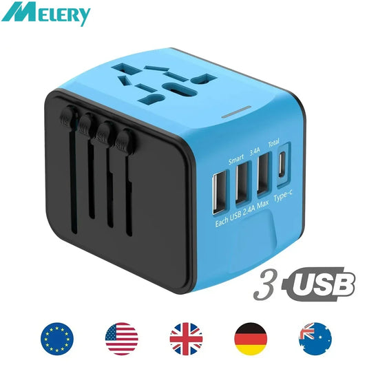 Universal Travel Adapter with Worldwide Plug (US/UK/EU/AU) & 3 USB + Type-C Ports